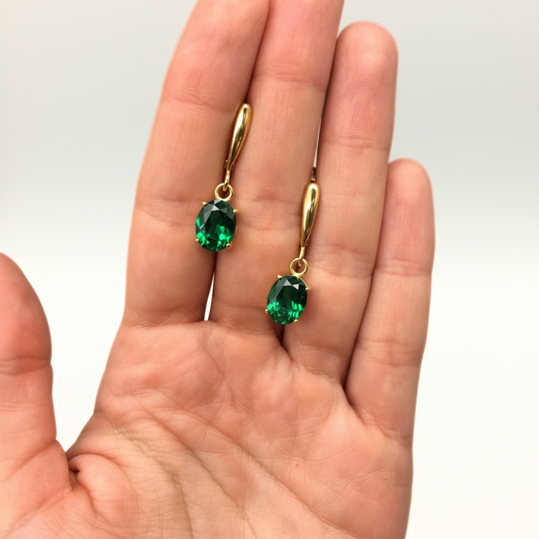 Stylish 18k Gold Vermeil Earrings with Oval Created Emerald, an exquisite choice for special occasions and daily wear.