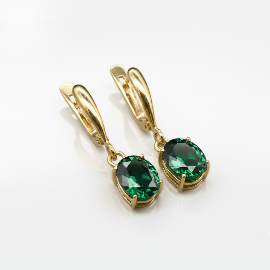 Created Emerald Earrings made in 18k Gold Vermeil with Oval Created Green Emerald in Prong setting, May Birthstone gift idea, symbolizes, ideal for everyday wear and perfect for birthday gifting and special occasions.