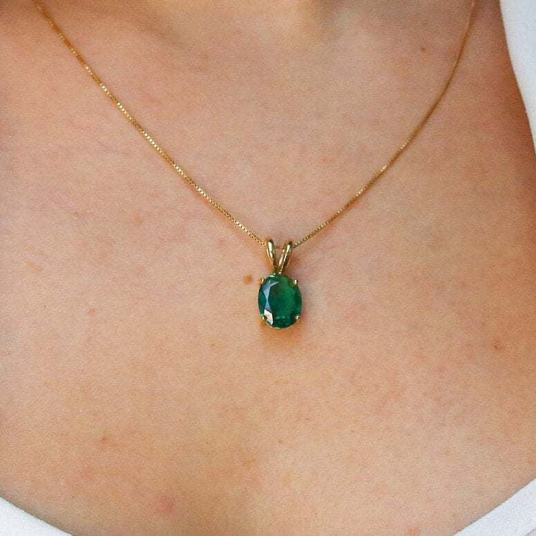 Elegant 18k Gold Vermeil Oval Created Emerald Pendant, perfect for May birthdays and special occasions.
