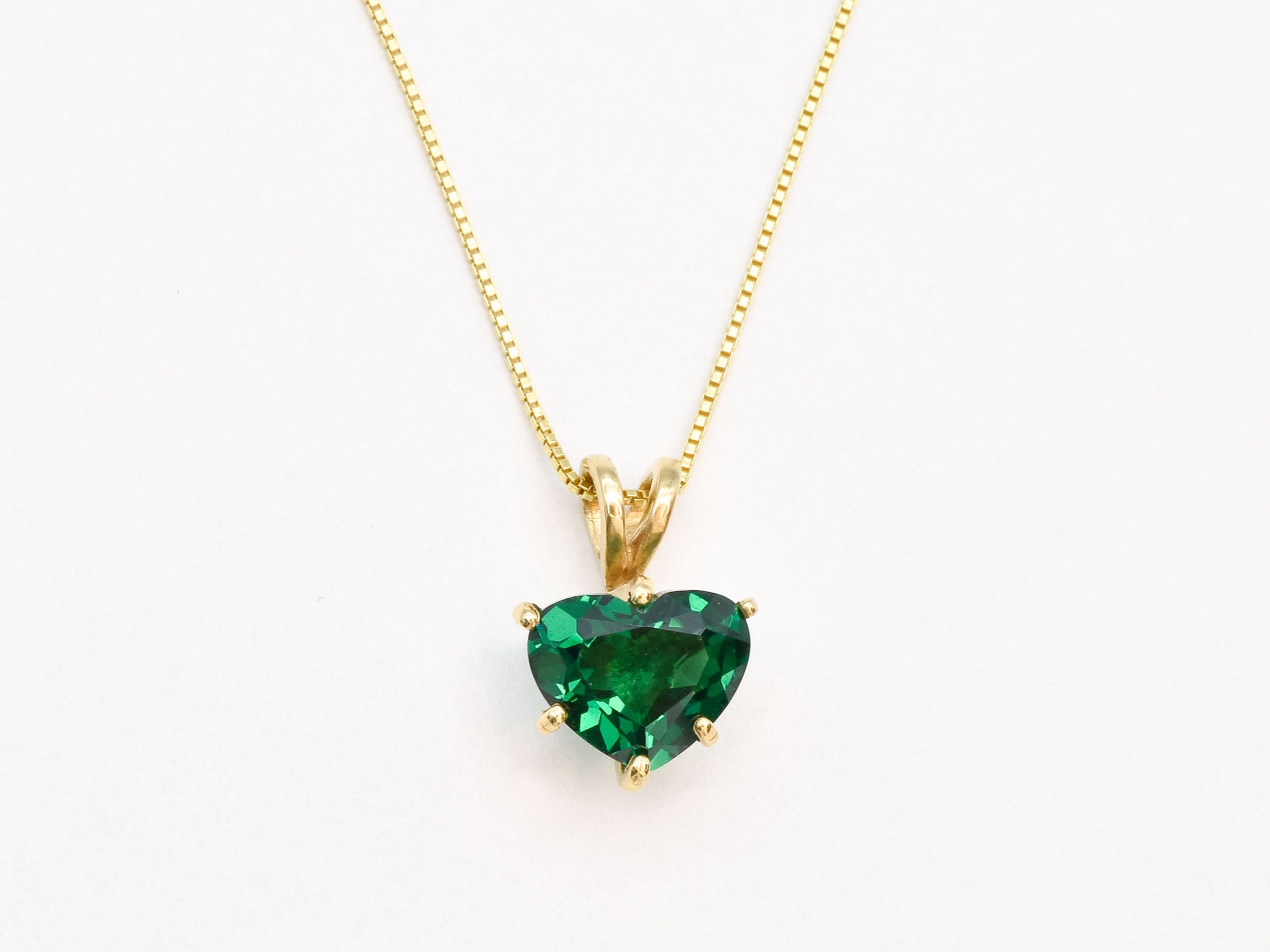 Created Emerald Pendant made in 18k Gold Vermeil with Heart Created Green Emerald in Solitaire setting, May Birthstone gift idea, symbolizes, ideal for everyday wear and perfect for birthday gifting and special occasions.