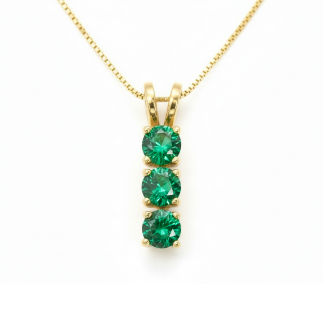 Created Emerald Pendant made in 18k Gold Vermeil with Round Created Green Emerald in Three-Stone setting, May Birthstone gift idea, symbolizes, ideal for everyday wear and perfect for birthday gifting and special occasions.