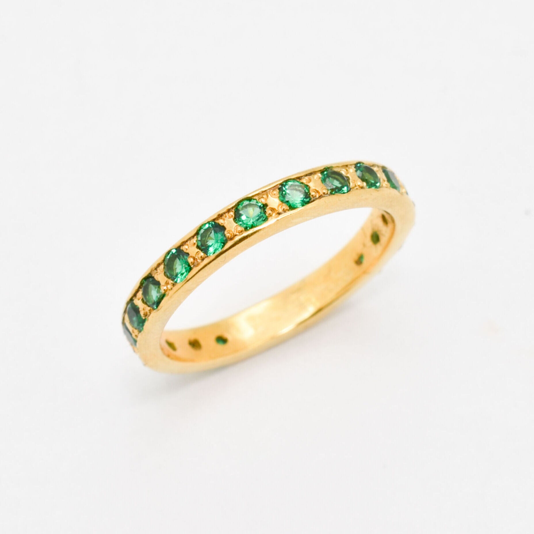 Created Emerald Ring made in 18k Gold Vermeil with Round Created Green Emerald in Channel-Set setting, May Birthstone gift idea, symbolizes, ideal for everyday wear and perfect for birthday gifting and special occasions.
