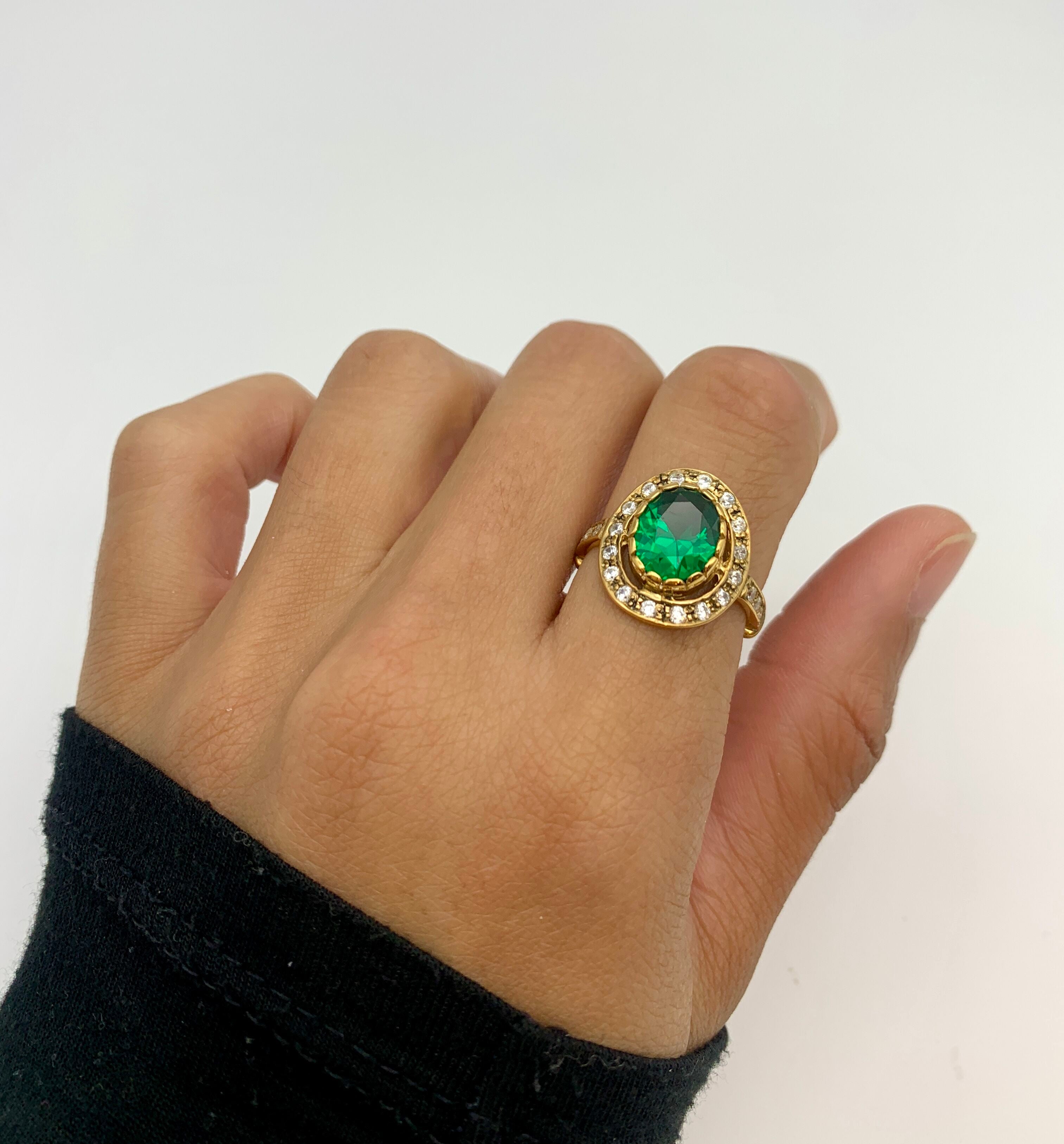 Elegant 18k Gold Vermeil Emerald Ring with Oval Green Emerald, ideal for birthdays and special occasions. May birthstone gift.