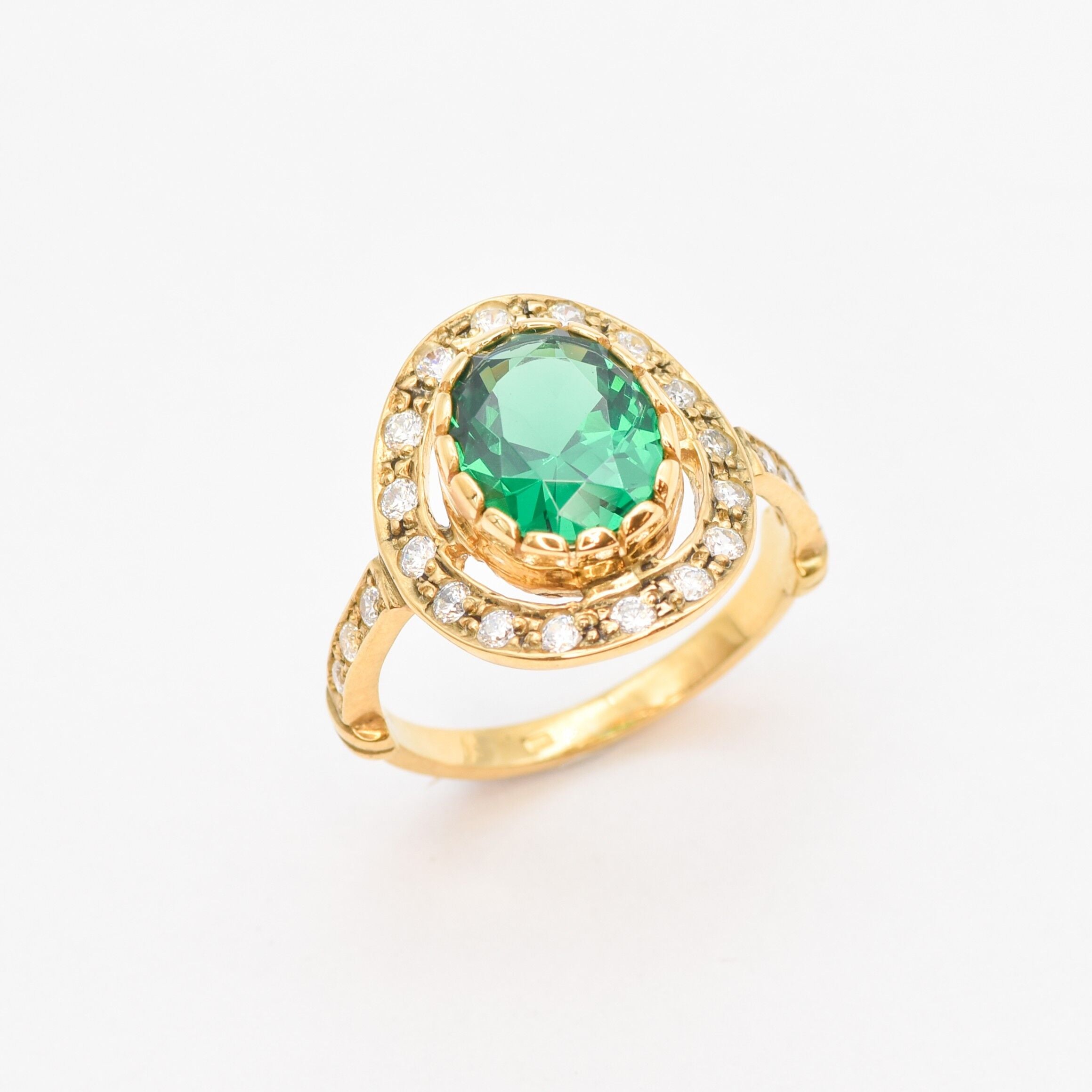 Created Emerald Ring made in 18k Gold Vermeil with Oval Created Green Emerald in Halo setting, May Birthstone gift idea, symbolizes, ideal for everyday wear and perfect for birthday gifting and special occasions.