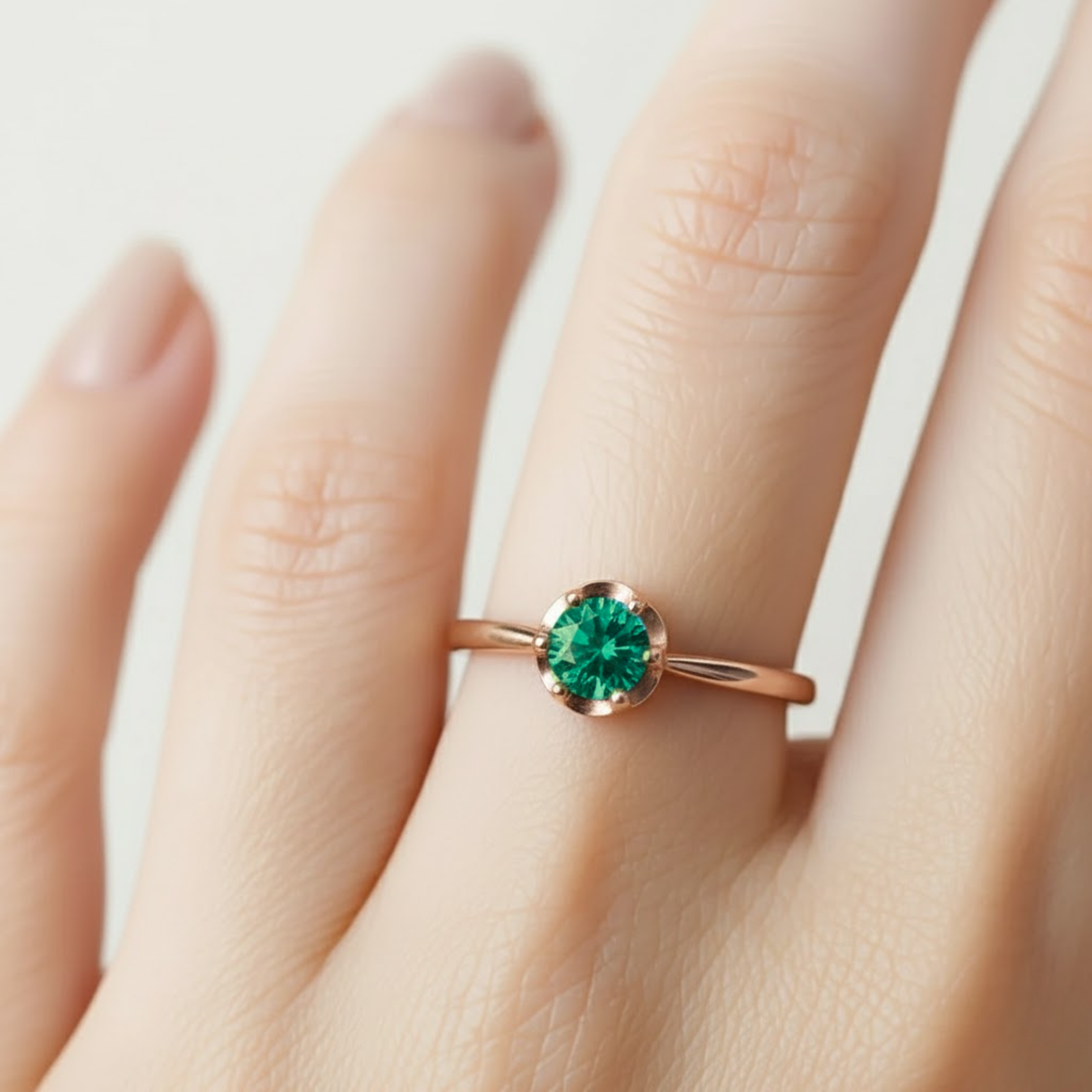 Rose Gold Vermeil Ring featuring a Round Created Green Emerald, a stunning May Birthstone gift for any special occasion.