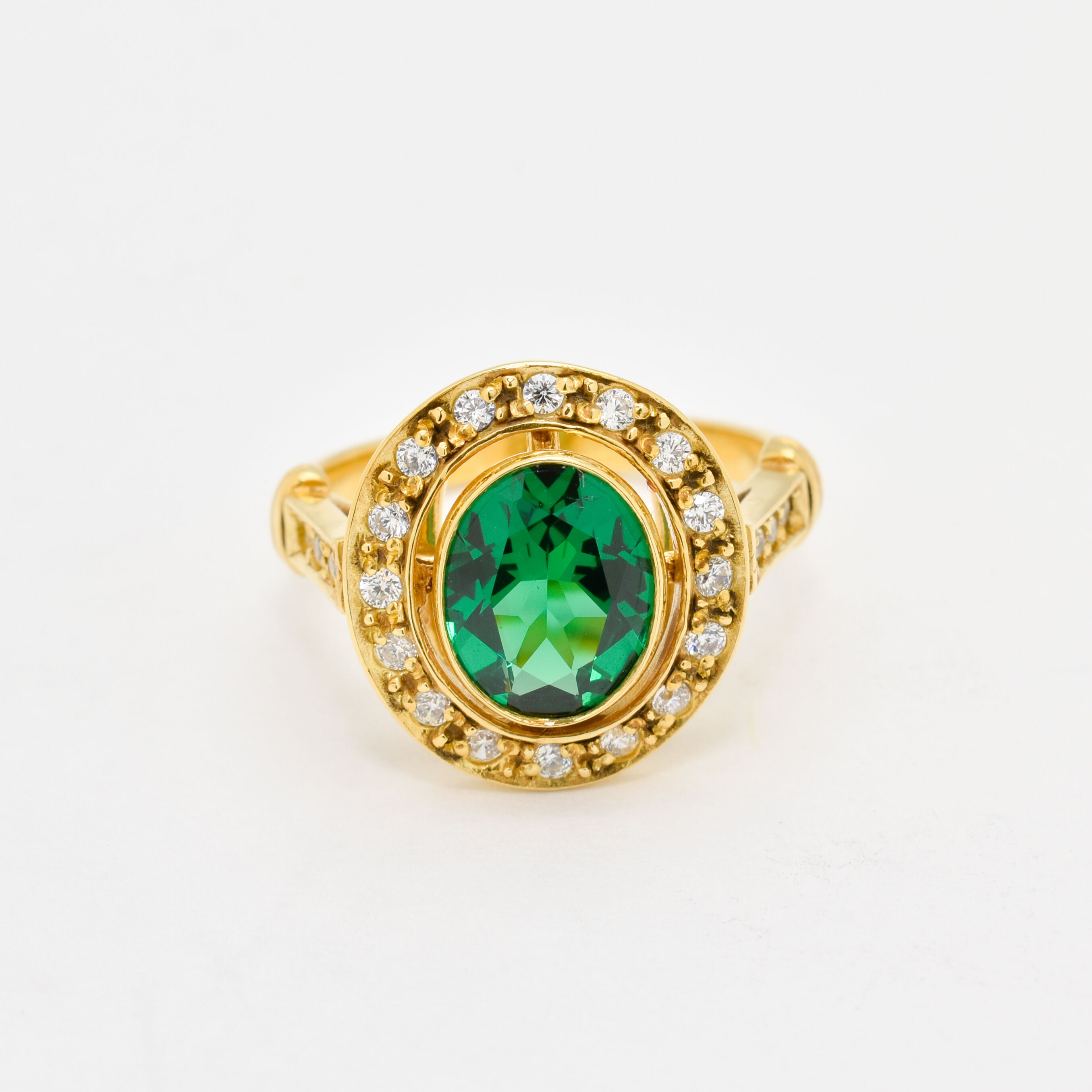 Elegant 18k Gold Vermeil Ring with Oval Created Green Emerald, a chic choice for daily wear and meaningful gift for May birthdays.