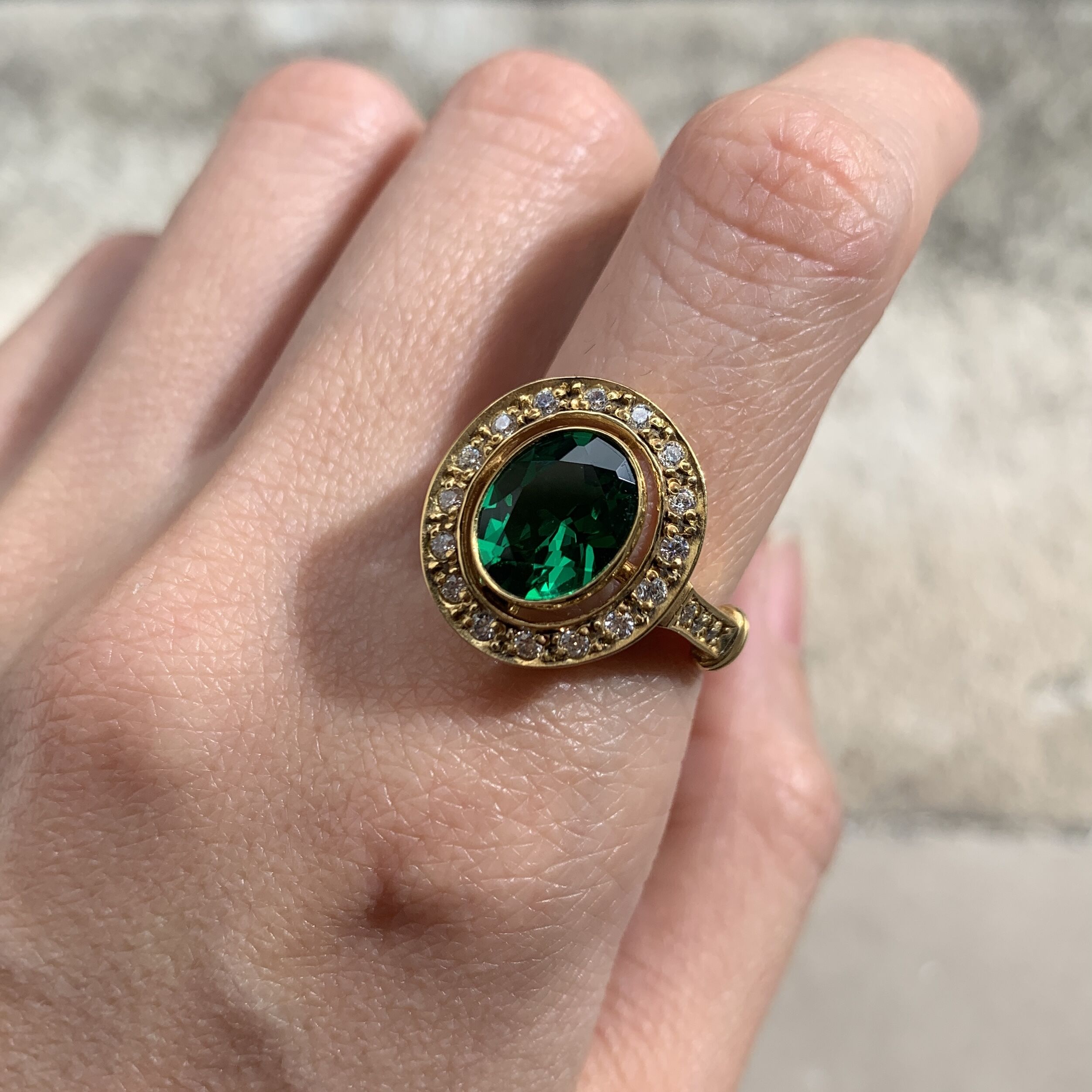 18k Gold Vermeil Emerald Ring featuring an Oval Created Green Emerald, perfect for May birthdays and special occasions.