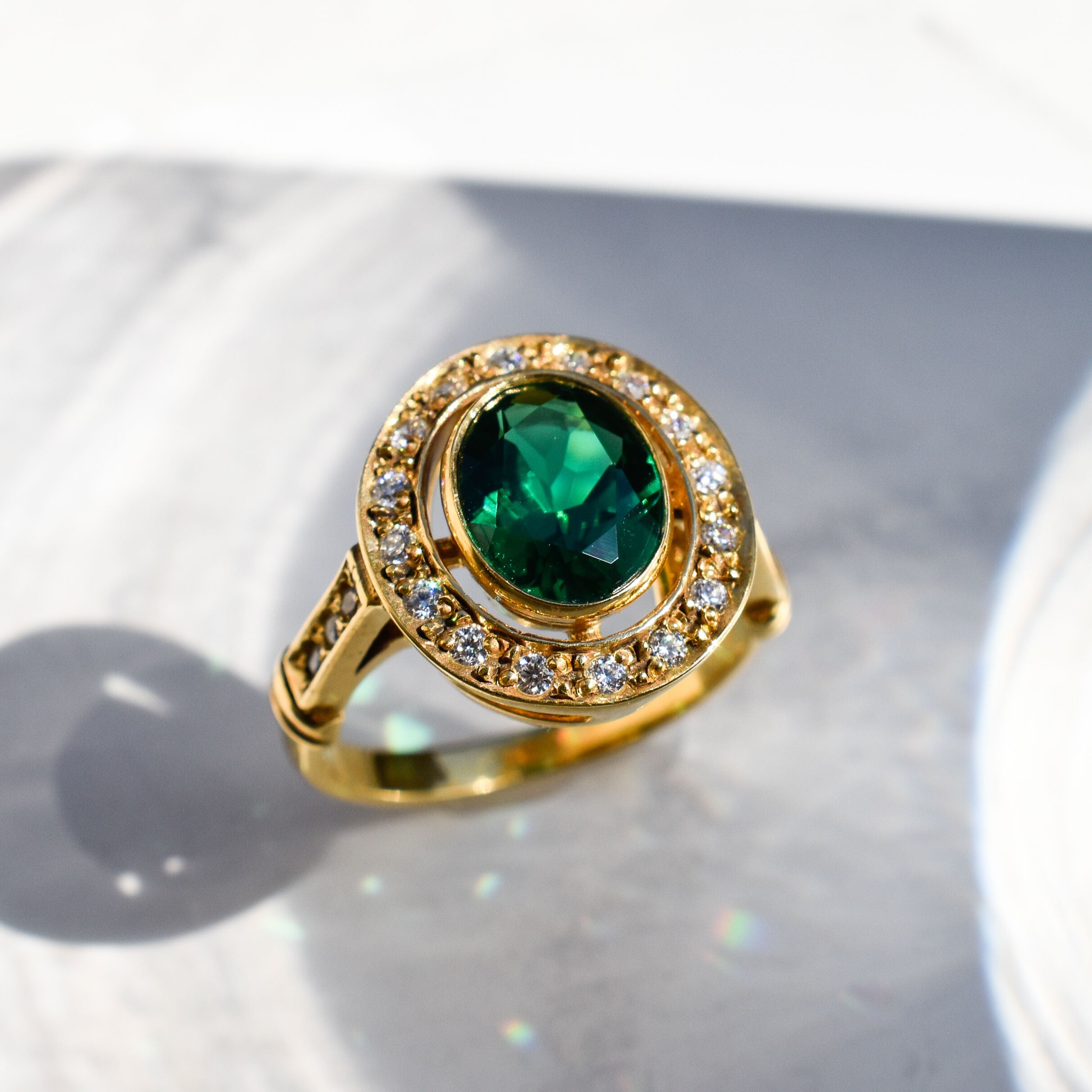 Created Emerald Ring made in 18k Gold Vermeil with Oval Created Green Emerald in Bezel setting, May Birthstone gift idea, symbolizes, ideal for everyday wear and perfect for birthday gifting and special occasions.