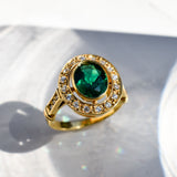 Created Emerald Ring made in 18k Gold Vermeil with Oval Created Green Emerald in Bezel setting, May Birthstone gift idea, symbolizes, ideal for everyday wear and perfect for birthday gifting and special occasions.