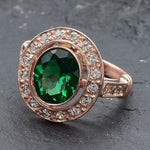 Rose Gold Vermeil Ring featuring a dazzling Oval Created Green Emerald, a timeless piece ideal for May birthdays and celebrations.