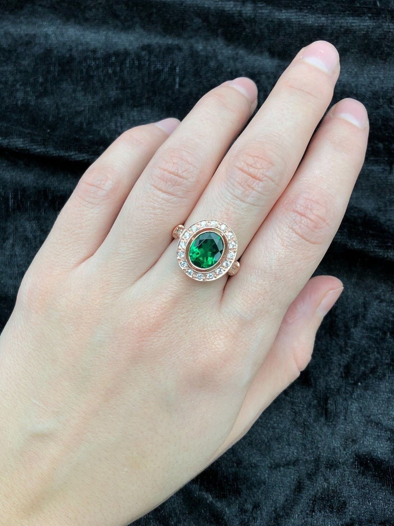 Crafted Rose Gold Vermeil Ring featuring Oval Created Green Emerald, perfect for birthdays and special occasions.