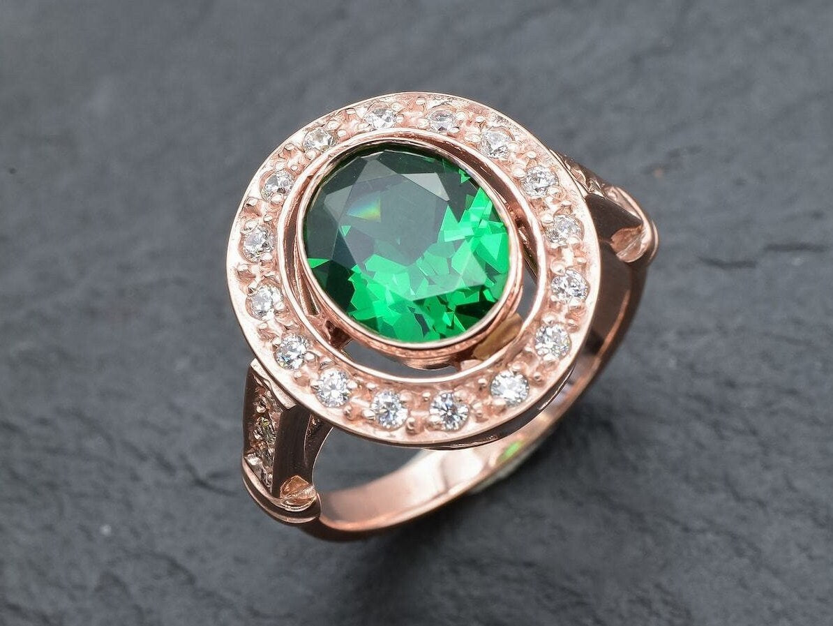 Elegant Rose Gold Vermeil Ring with Bezel-set Oval Created Green Emerald, a stunning May birthstone gift for everyday luxury.