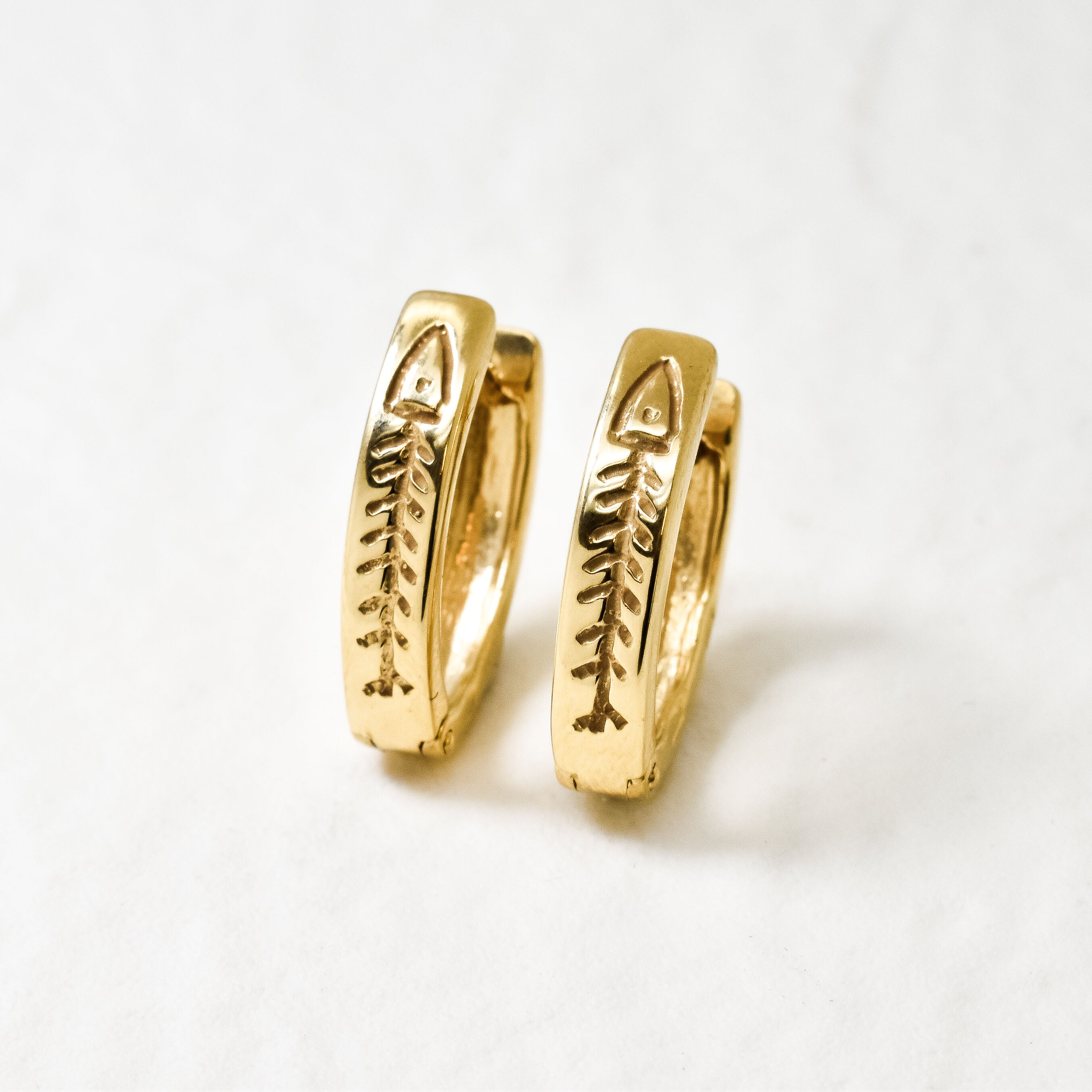 Fishbone Earrings set in 18k Yellow Gold over solid 925 sterling silver. Gold Hoop earrings for casual wear, and perfect gift idea for her. 