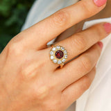 Gold Garnet Ring - Garnet Flower Ring - Red Vintage Ring