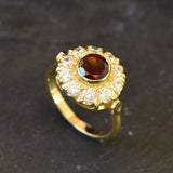 Gold Garnet Ring - Garnet Flower Ring - Red Vintage Ring