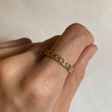 Yellow gold plated ring with morganite gemstones in small round cut. Eternity band ideal for birthday present, and stacking rings. 