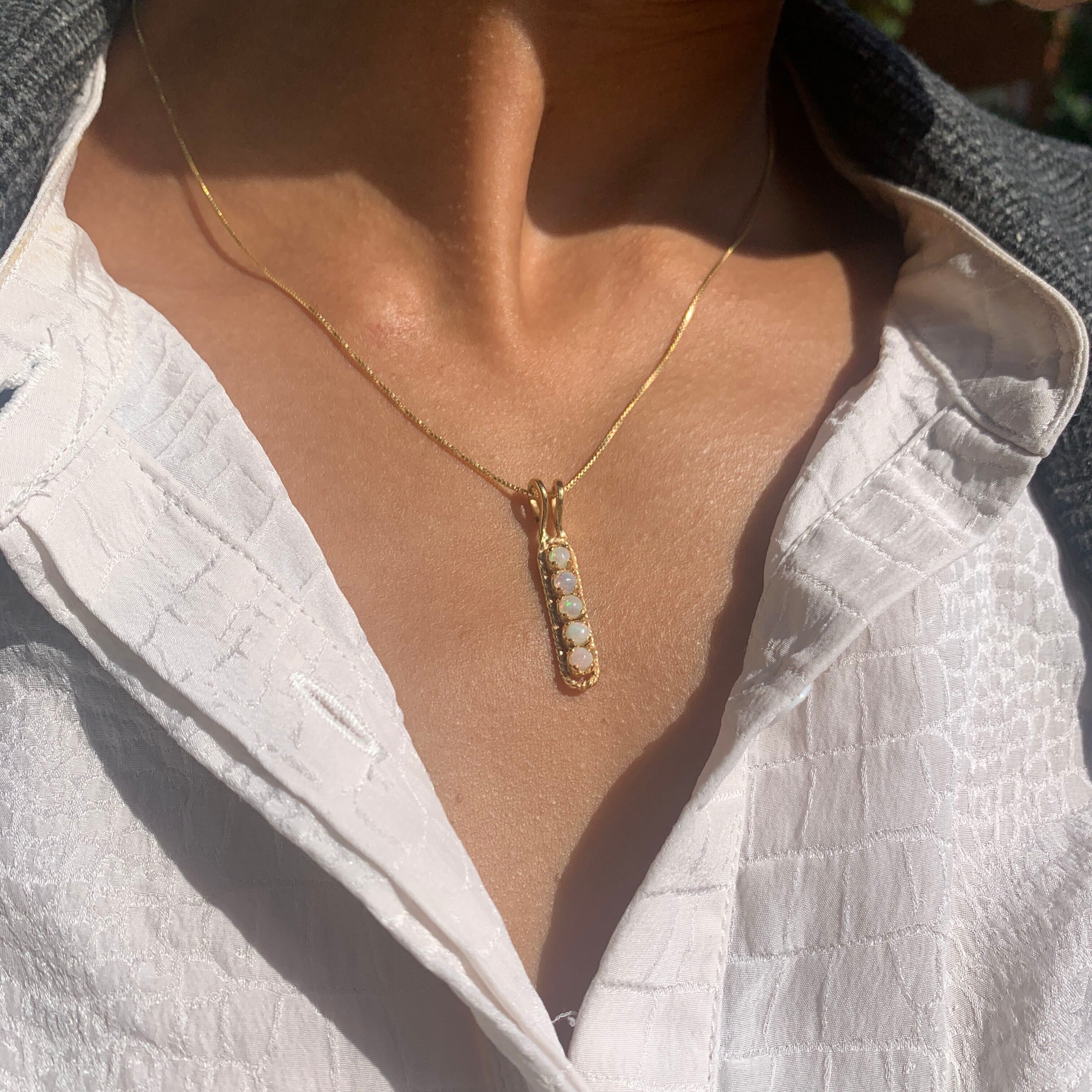 Gold Opal Pendant, Fire Opal Necklace, Vertical Opal Pendant worn by model