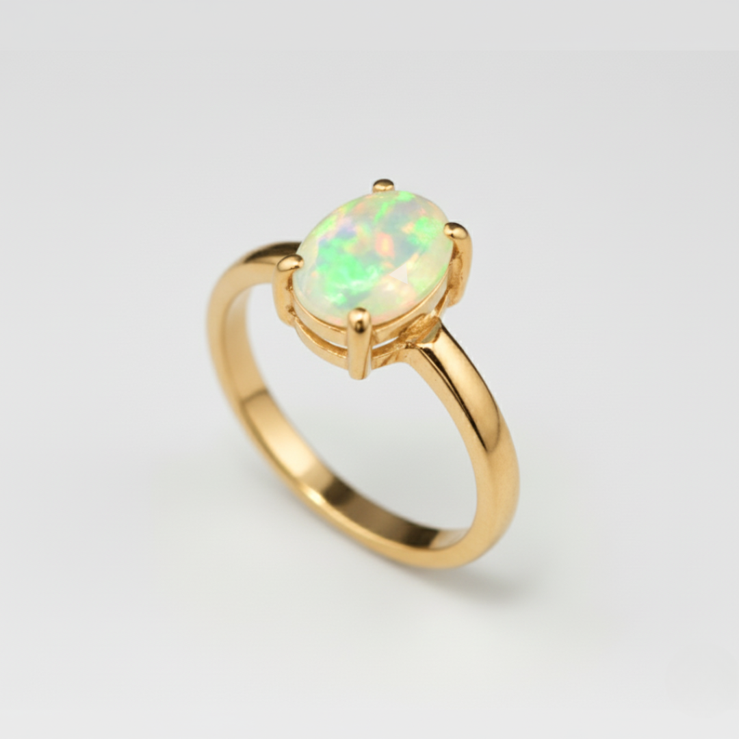 Gold Opal Ring - Natural Opal Ring - Classic Solitaire Ring made in 18k Gold Vermeil. Ideal for everyday wear and perfect for birthday gifting and special occasions.