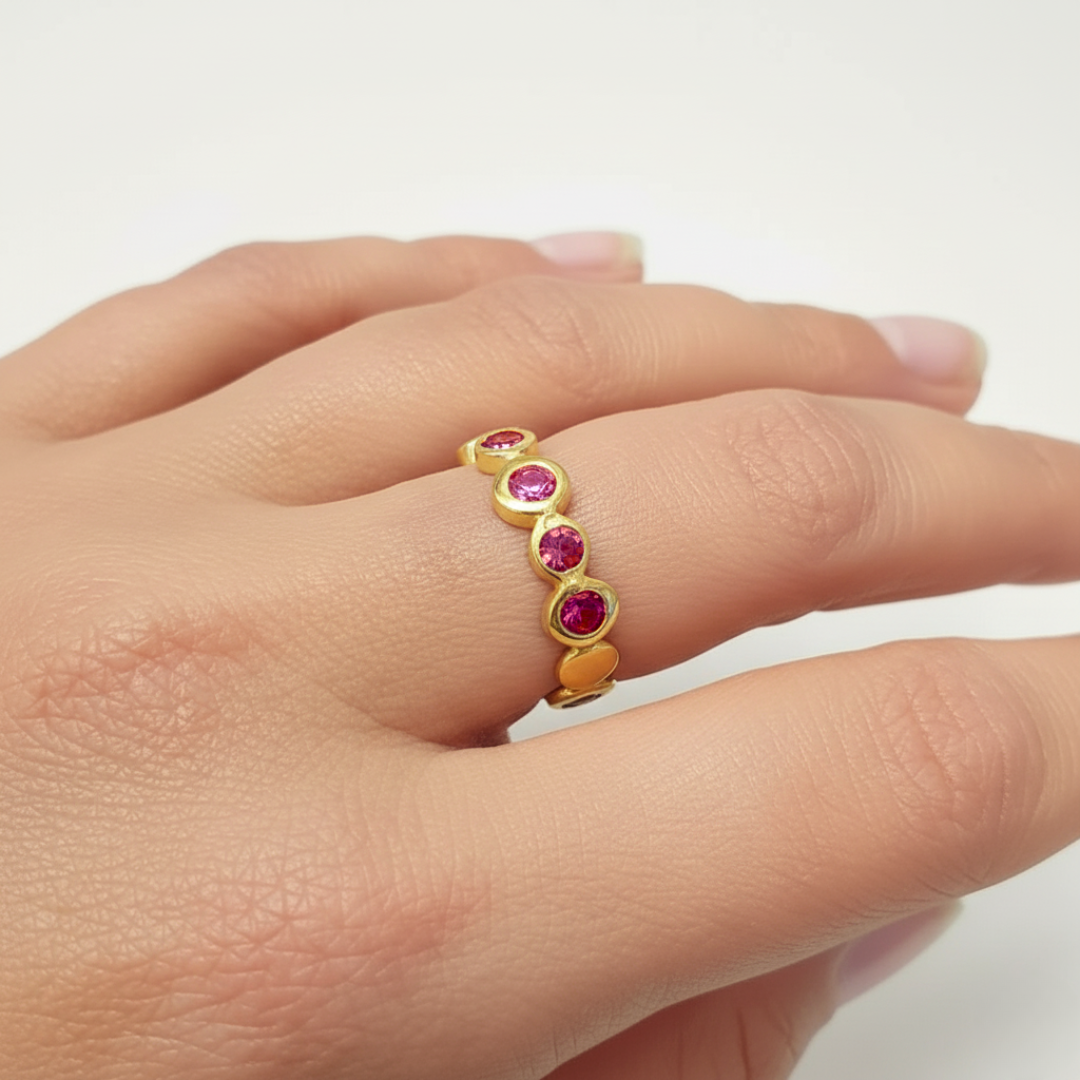 Elegant Ruby Ring in 18k Gold Vermeil, featuring a Round Created Red Ruby, perfect for birthdays and special occasions.