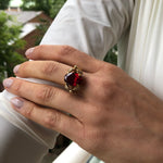 Ruby Solitaire Ring in 18k Gold Vermeil, featuring a stunning Oval Created Red Ruby, perfect for birthdays and special occasions.