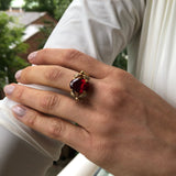 Ruby Solitaire Ring in 18k Gold Vermeil, featuring a stunning Oval Created Red Ruby, perfect for birthdays and special occasions.