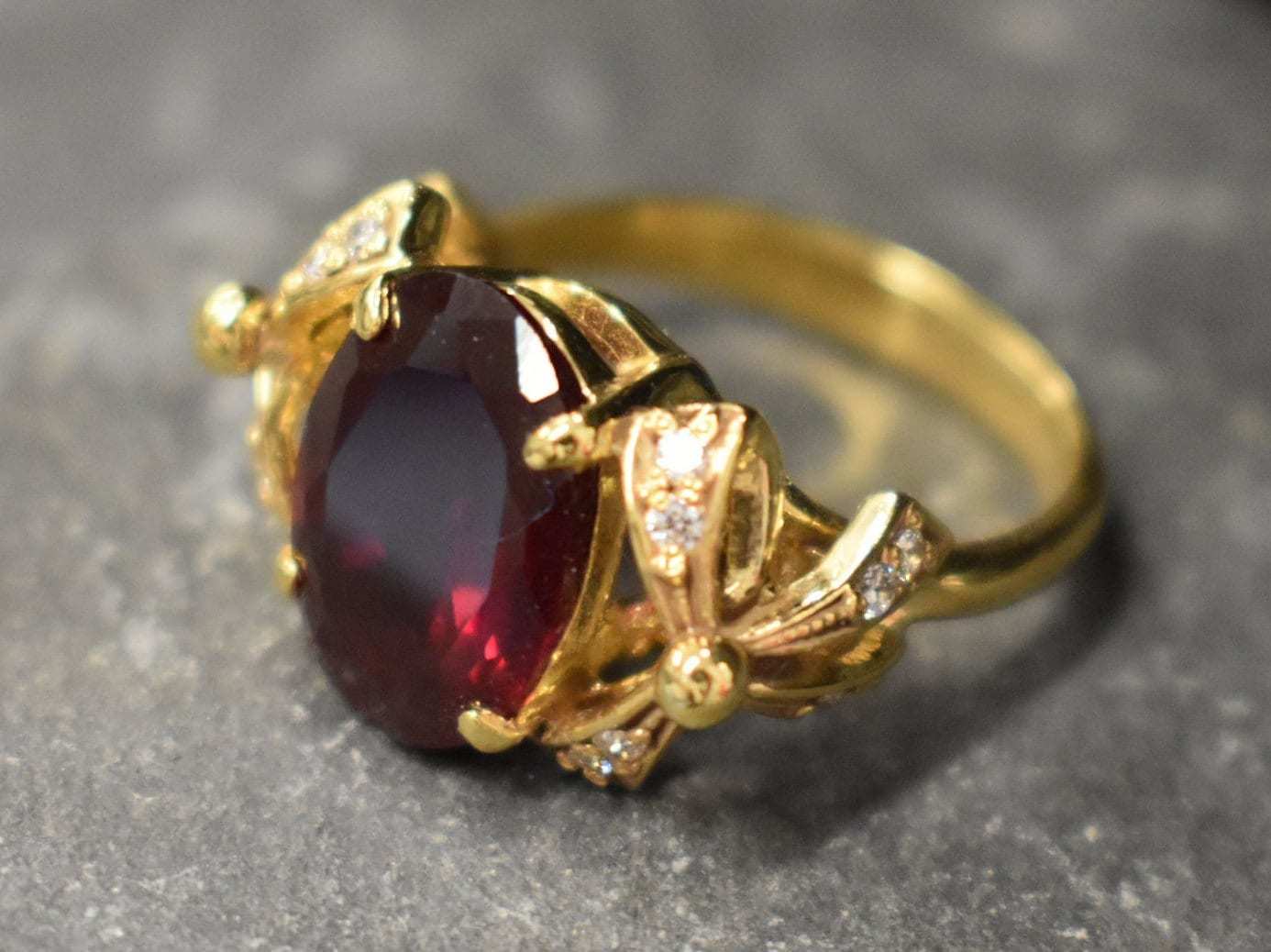 Created Ruby Ring made in 18k Gold Vermeil with Oval Created Red Ruby in Solitaire with Accents setting, July Birthstone gift idea, symbolizes nobility, purity, and passion, ideal for everyday wear and perfect for birthday gifting and special occasions.