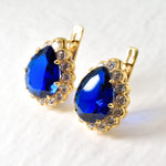 Created Sapphire Earrings made in 18k Gold Vermeil with Pear Created Blue Sapphire in Prong setting, September Birthstone gift idea, symbolizes sincerity, truth, and faithfulness, ideal for everyday wear and perfect for birthday gifting and special occasions.