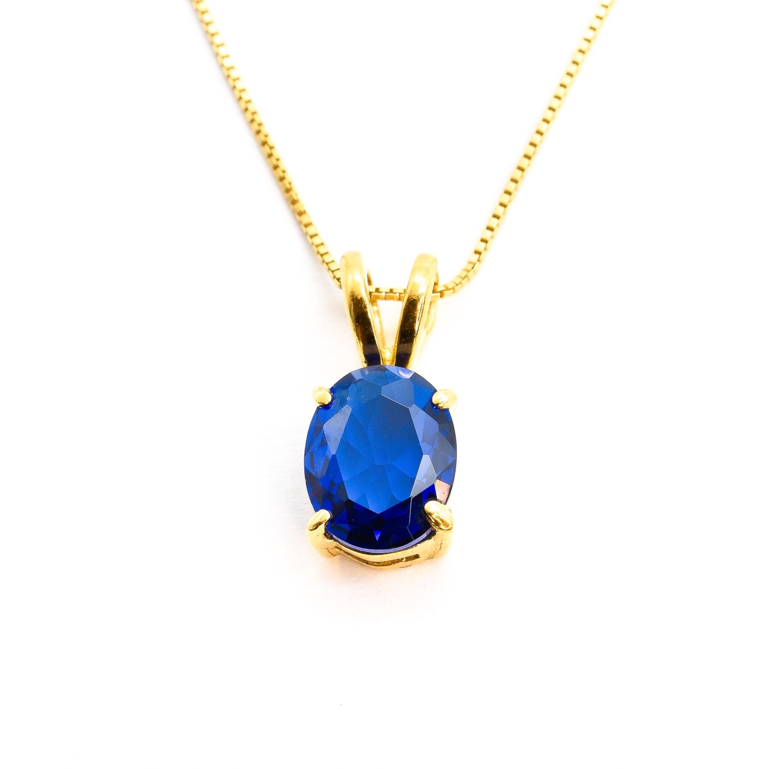 Created Sapphire Pendant made in 18k Gold Vermeil with Oval Created Blue Sapphire in Prong setting, September Birthstone gift idea, symbolizes sincerity, truth, and faithfulness, ideal for everyday wear and perfect for birthday gifting and special occasions.