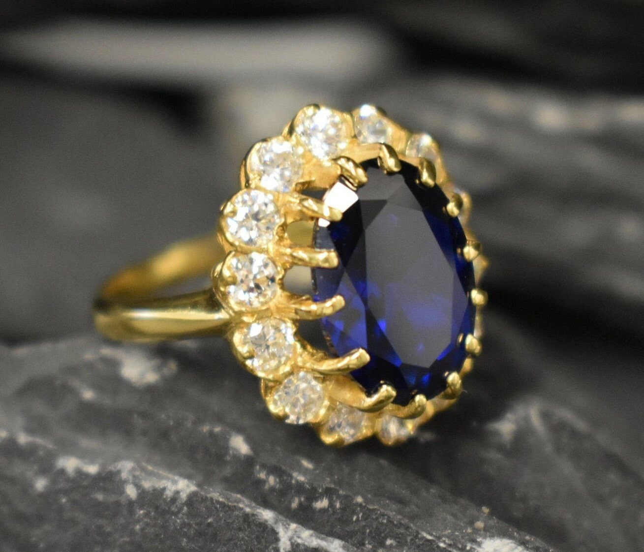 Created Sapphire Ring made in 18k Gold Vermeil with Oval Created Blue Sapphire in Halo setting, September Birthstone gift idea, symbolizes sincerity, truth, and faithfulness, ideal for everyday wear and perfect for birthday gifting and special occasions.