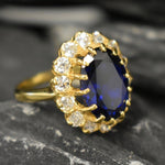 Created Sapphire Ring made in 18k Gold Vermeil with Oval Created Blue Sapphire in Halo setting, September Birthstone gift idea, symbolizes sincerity, truth, and faithfulness, ideal for everyday wear and perfect for birthday gifting and special occasions.