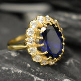 Created Sapphire Ring made in 18k Gold Vermeil with Oval Created Blue Sapphire in Halo setting, September Birthstone gift idea, symbolizes sincerity, truth, and faithfulness, ideal for everyday wear and perfect for birthday gifting and special occasions.