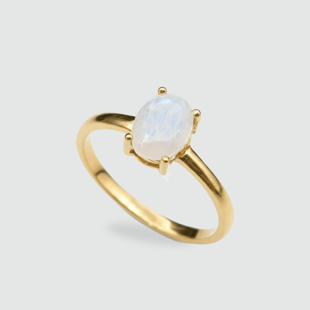 Natural Moonstone Ring made in 18k Gold Vermeil with Oval Natural Rainbow Moonstone in Prong setting, June Birthstone gift idea, symbolizes hope, healing, and protection, ideal for everyday wear and perfect for birthday gifting and special occasions.