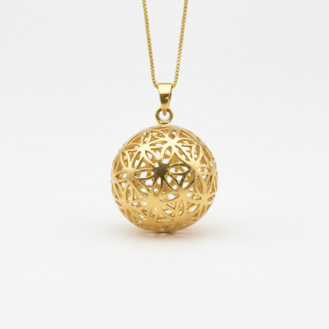Gold Sphere Pendant - Flower of Life Necklace, Gold Ball Charm made in 18k Gold Vermeil. Ideal for everyday wear and perfect for birthday gifting and special occasions.