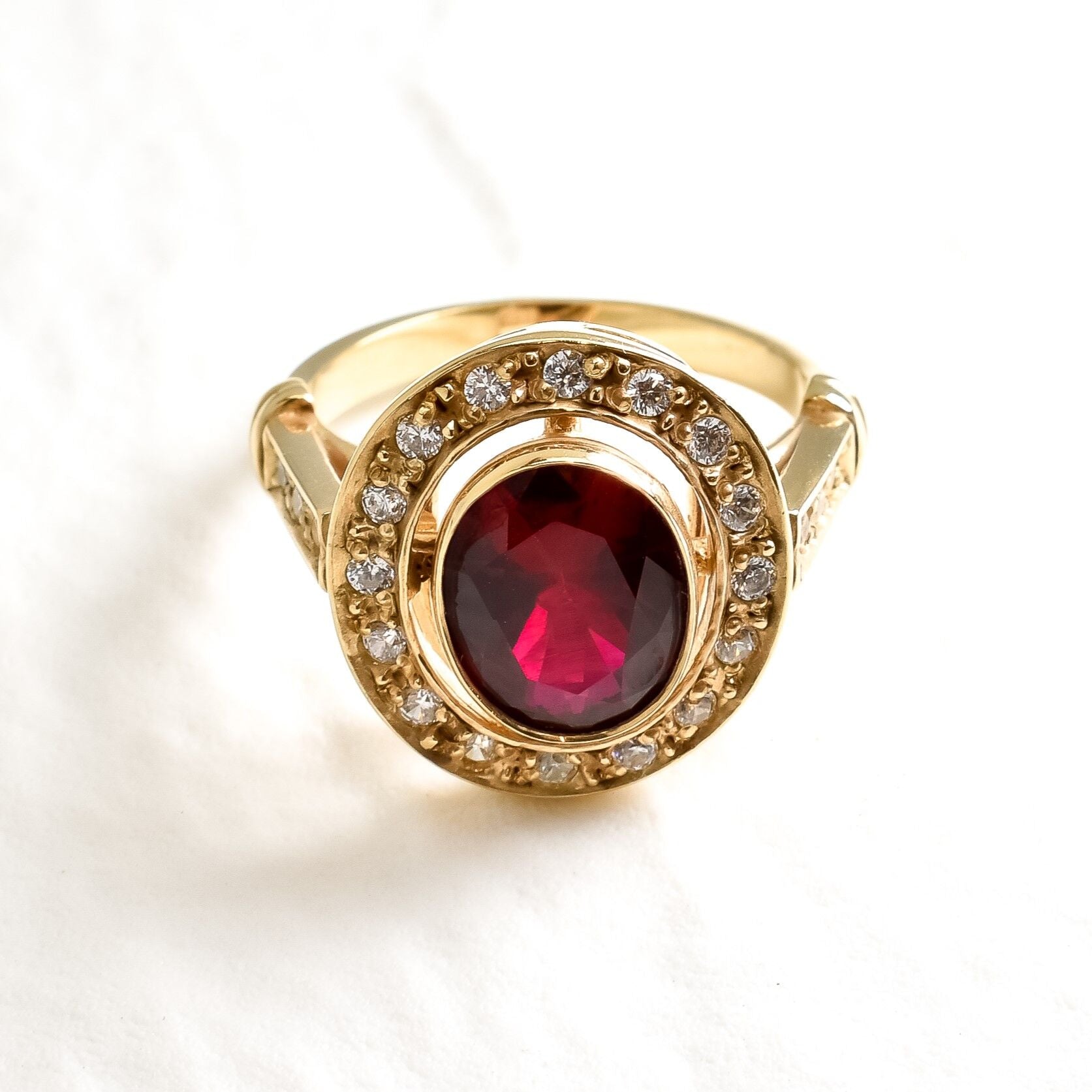 Elegant 18k Gold Vermeil Ring featuring Oval Created Ruby, ideal for everyday elegance and special occasions.