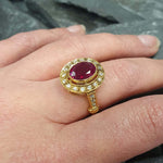 18k Gold Vermeil Ruby Ring with Oval Created Red Ruby, perfect birthday gift and symbolizes nobility and passion.
