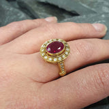 Stunning 18k Gold Vermeil Ring with Oval Created Ruby, a perfect July birthstone gift for celebrating love and passion.