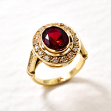 Created Ruby Ring made in 18k Gold Vermeil with Oval Created Red Ruby in Bezel setting, July Birthstone gift idea, symbolizes nobility, purity, and passion, ideal for everyday wear and perfect for birthday gifting and special occasions.