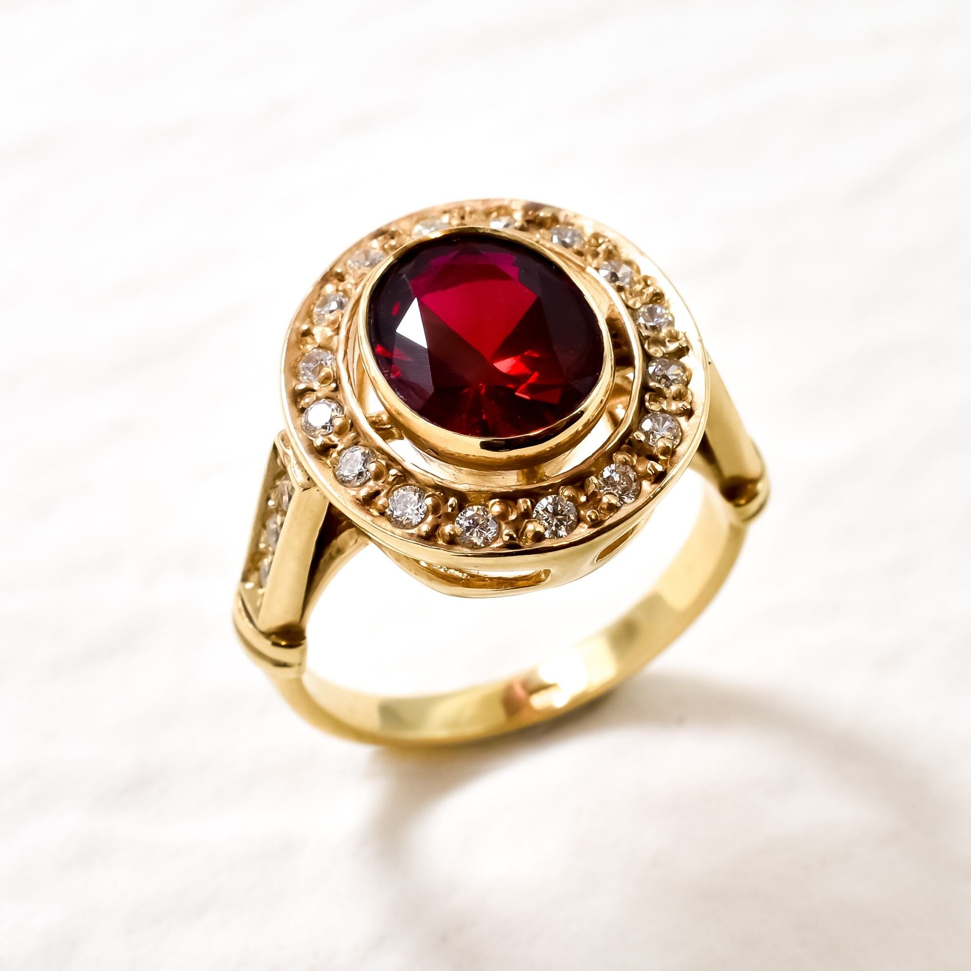 Created Ruby Ring made in 18k Gold Vermeil with Oval Created Red Ruby in Bezel setting, July Birthstone gift idea, symbolizes nobility, purity, and passion, ideal for everyday wear and perfect for birthday gifting and special occasions.