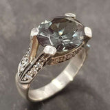 Green Diamond Ring - Statement Diamond Ring - Edwardian Silver Ring