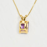 Yellow gold plated necklace with Amethyst February birthstone in radiant cut and prong setting. Handcrafted purple necklace ideal gift for her or anniversary present. Encourages calmness, spiritual growth, and emotional balance.
For peace, clarity, intuition