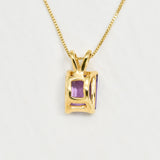 Yellow gold plated necklace with Amethyst February birthstone in radiant cut and prong setting. Handcrafted purple necklace ideal gift for her or anniversary present. Encourages calmness, spiritual growth, and emotional balance.
For peace, clarity, intuition