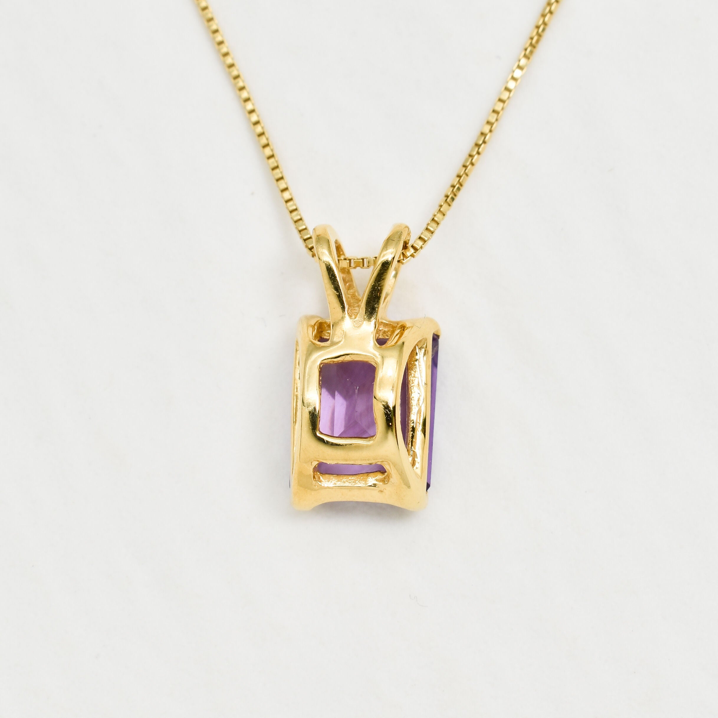 Yellow gold plated necklace with Amethyst February birthstone in radiant cut and prong setting. Handcrafted purple necklace ideal gift for her or anniversary present. Encourages calmness, spiritual growth, and emotional balance.
For peace, clarity, intuition