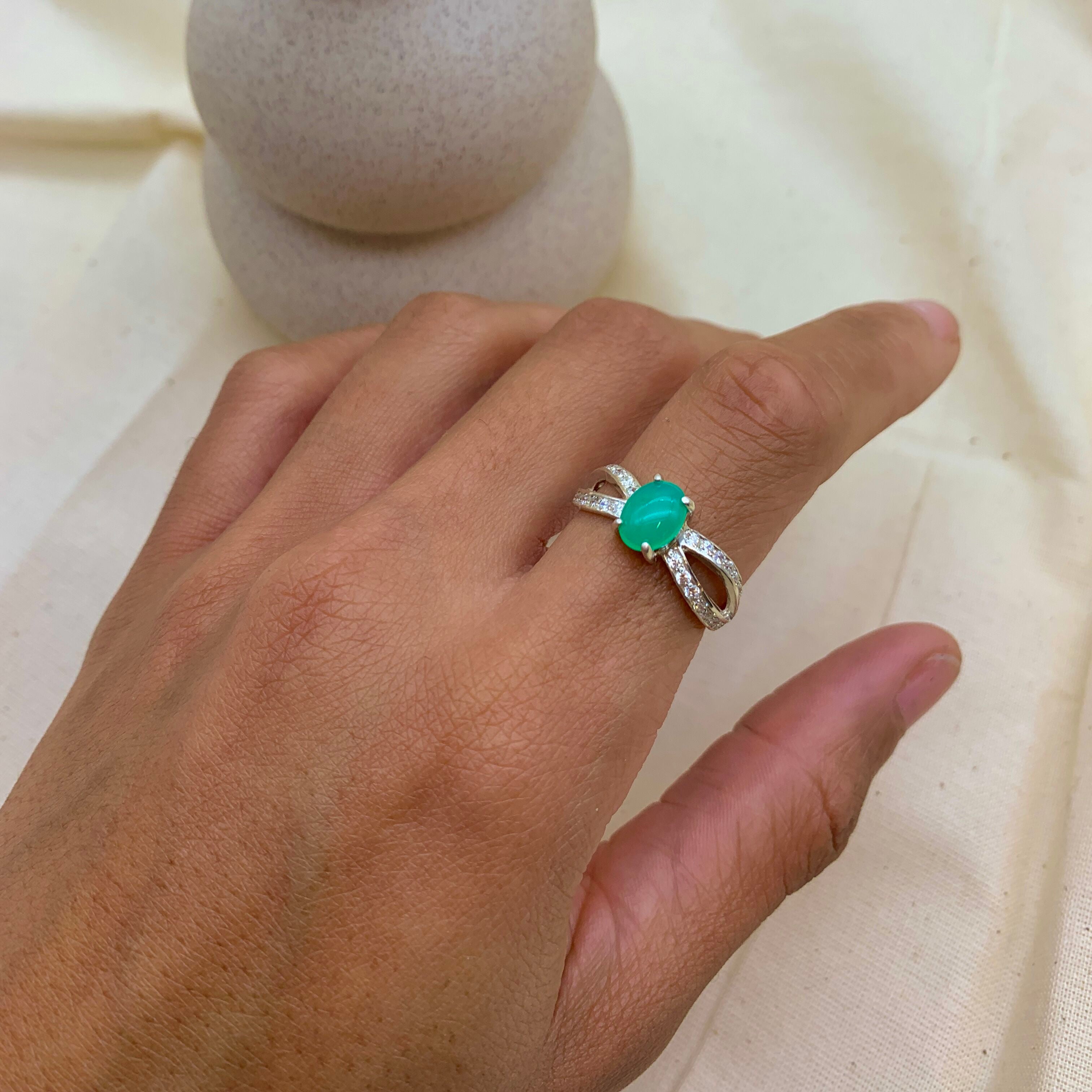 Handcrafted Real Chrysoprase Ring with small diamonds, set in Solid 925 Sterling Silver, in a vintage design, ideal for engagement ring
