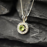 Handcrafted Natural Peridot pendant with diamond-like sparkle, combines fine jewelry styling with healing properties for birthdays and bridal parties.