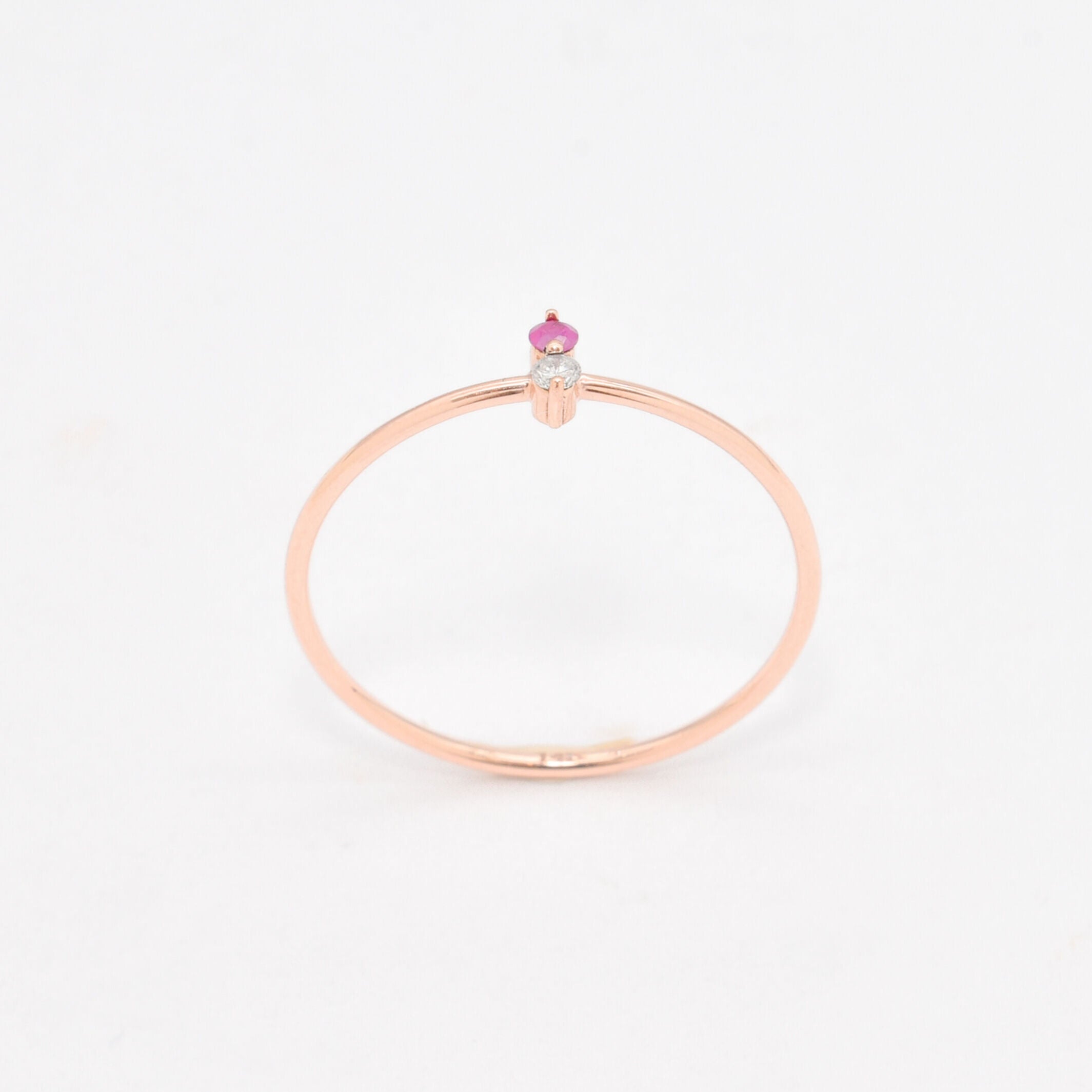 Handcrafted 14k Solid Rose Gold Ring with Natural Diamond, and Natural Ruby Gemstones, for minimalist jewelry.