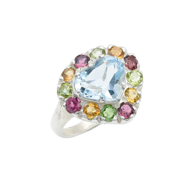 Blue Topaz and Tourmaline heart ring styled in a bold multistone design, known to promote calmness and confidence, ideal for birthdays in December or October.