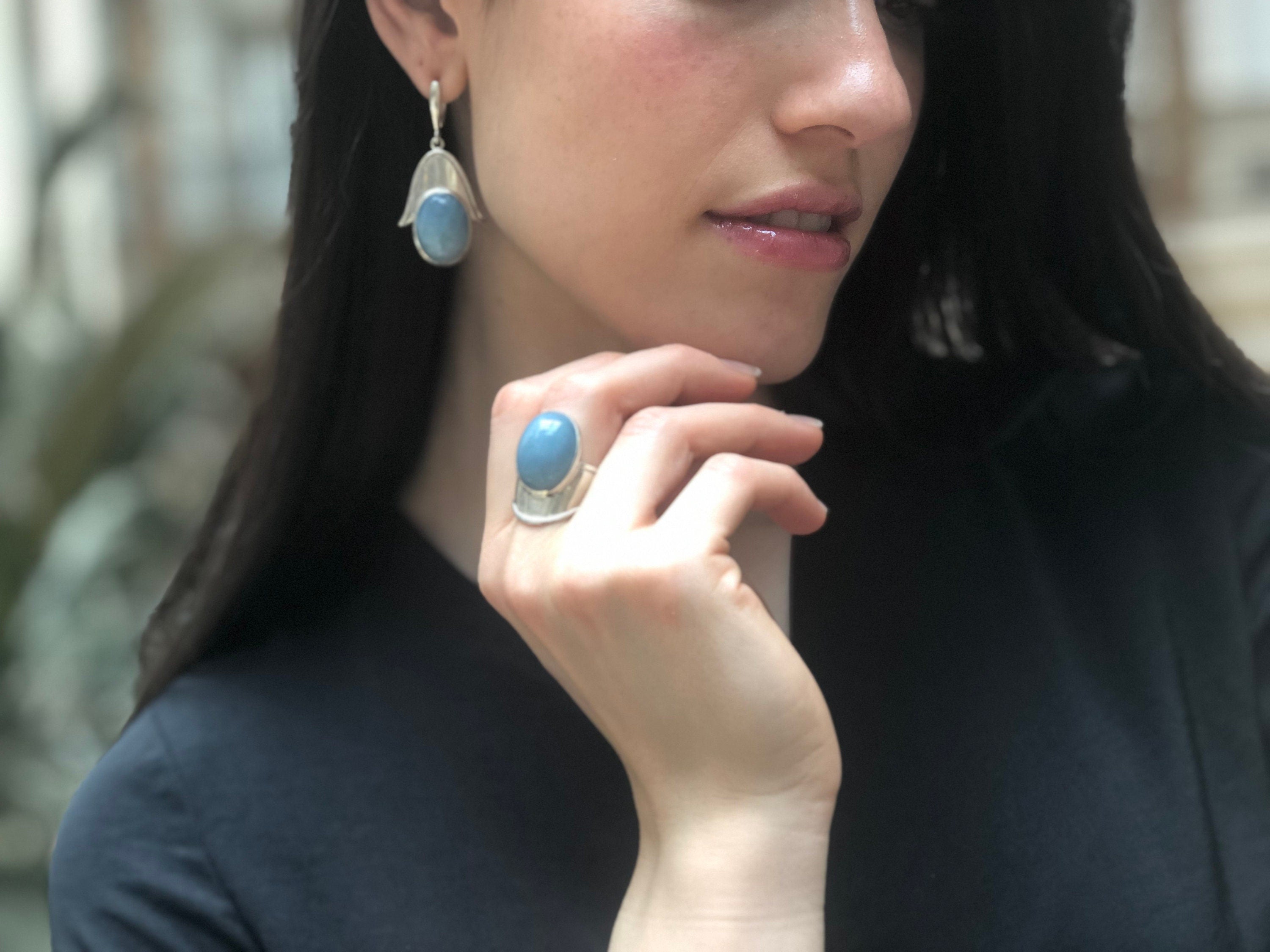 Aquamarine Earrings, Natural Aquamarine, Hamsa Earrings, Heavy Silver Earrings, Inspirational Earrings, Statement Earrings, Lotus Earrings