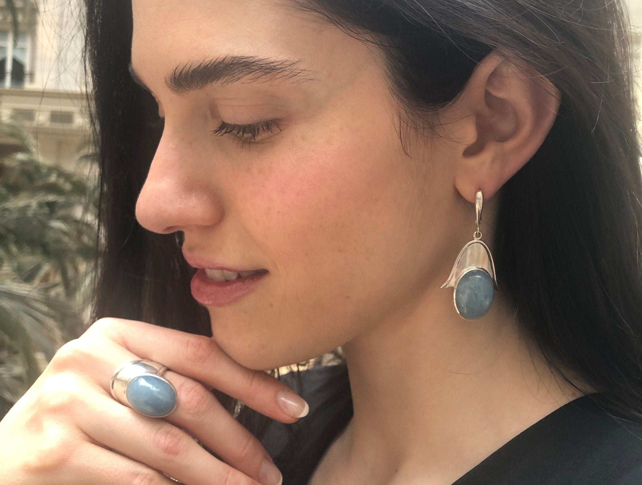 Aquamarine Earrings, Natural Aquamarine, Hamsa Earrings, Heavy Silver Earrings, Inspirational Earrings, Statement Earrings, Lotus Earrings