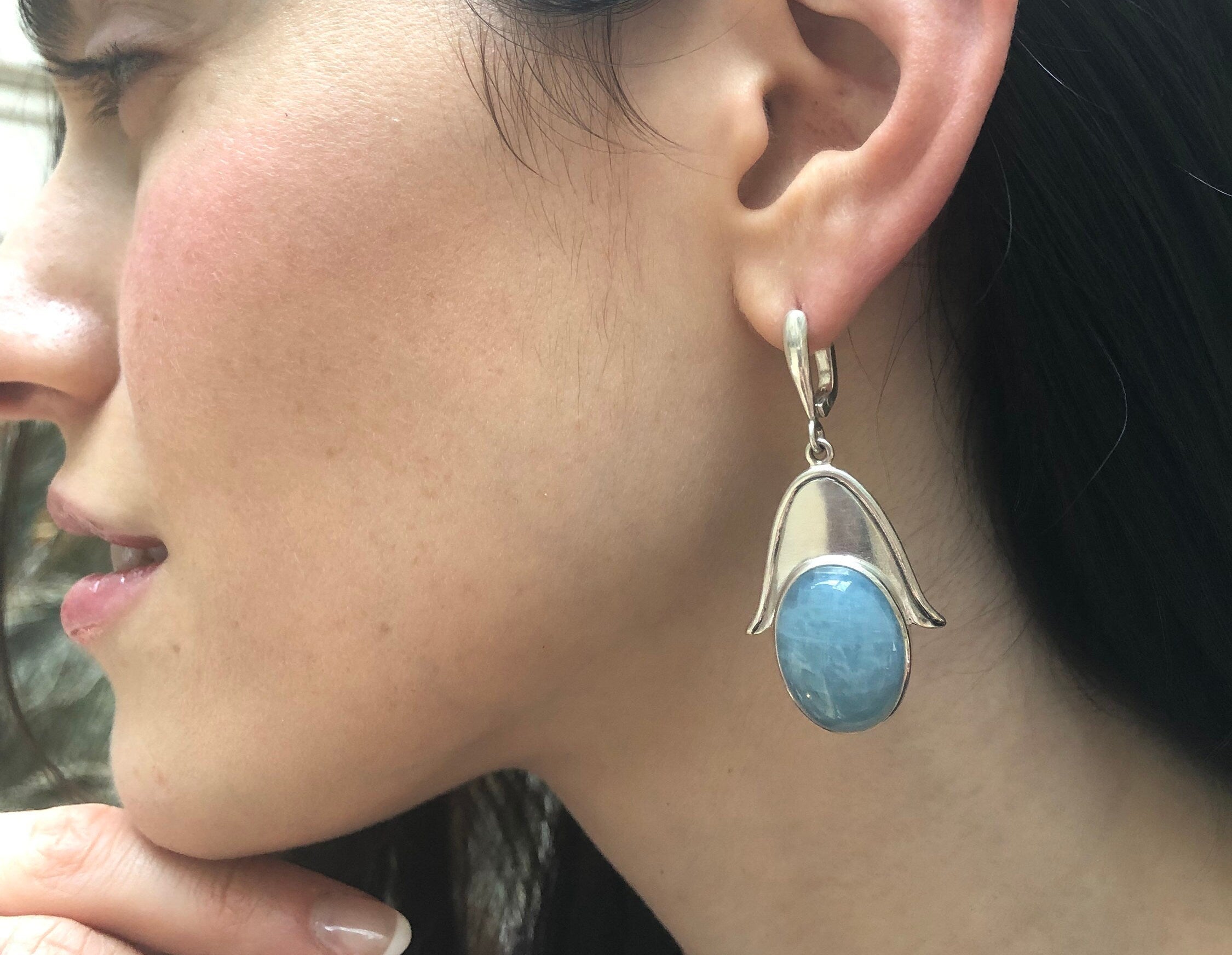 Aquamarine Earrings, Natural Aquamarine, Hamsa Earrings, Heavy Silver Earrings, Inspirational Earrings, Statement Earrings, Lotus Earrings