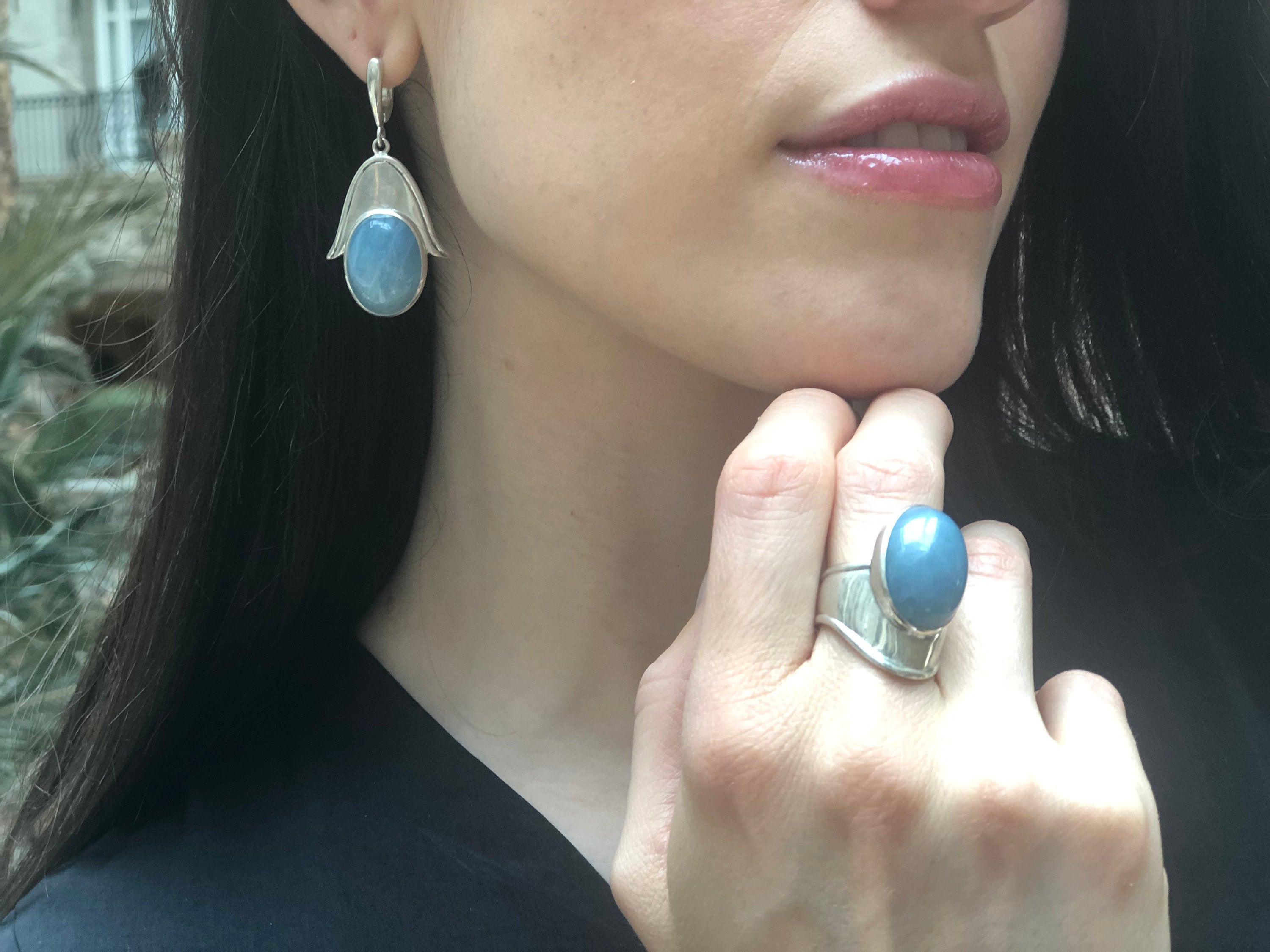 Aquamarine Earrings, Natural Aquamarine, Hamsa Earrings, Heavy Silver Earrings, Inspirational Earrings, Statement Earrings, Lotus Earrings